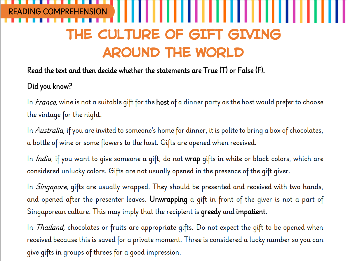 GIFT GIVING [Reading Worksheet]